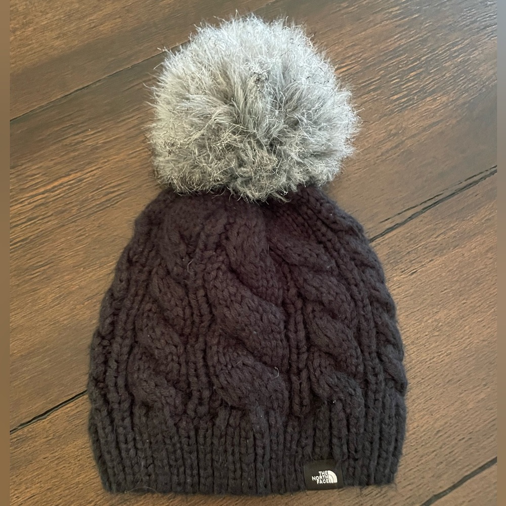 The North Face Youth/Junior Beanie Hat, Black Knit with Faux Fur Pom Pom